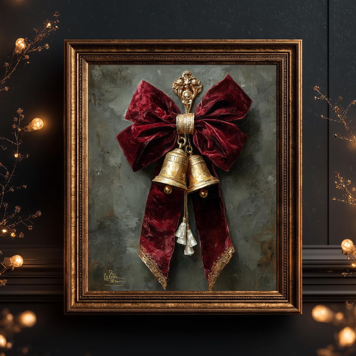 Burgundy Velvet Bow Golden Bells Vintage Christmas Painting Poster
