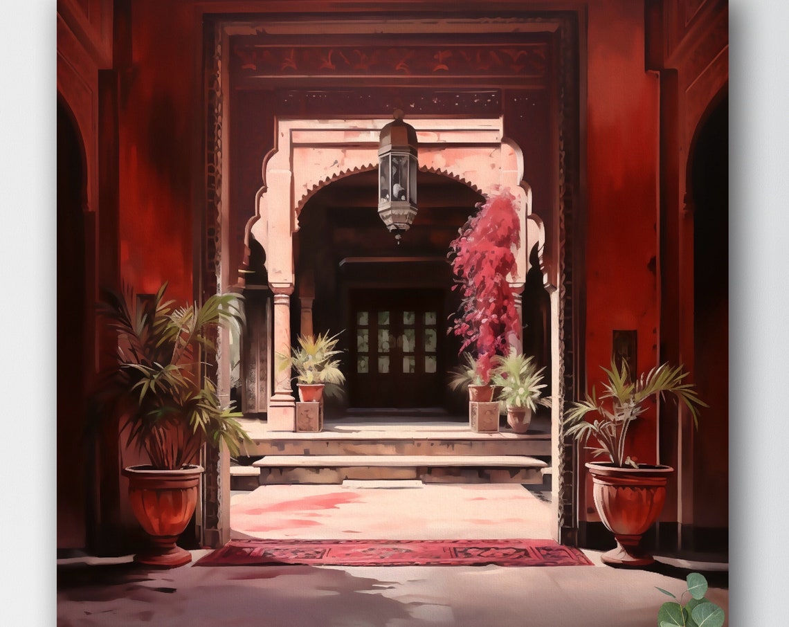 Indian Haveli Arched Entrance with Lantern in Red Tones Poster