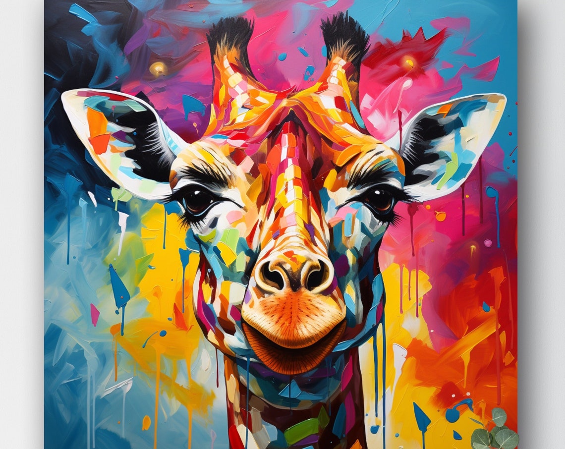 Colorful Pop Art Giraffe Portrait With Paint Drips Modern Poster