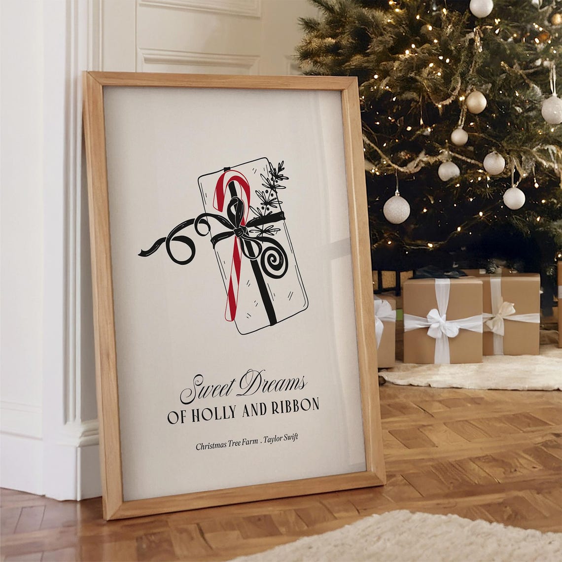 Christmas Gift Candy Cane Sweet Dreams Holly Ribbon Lyrics Print