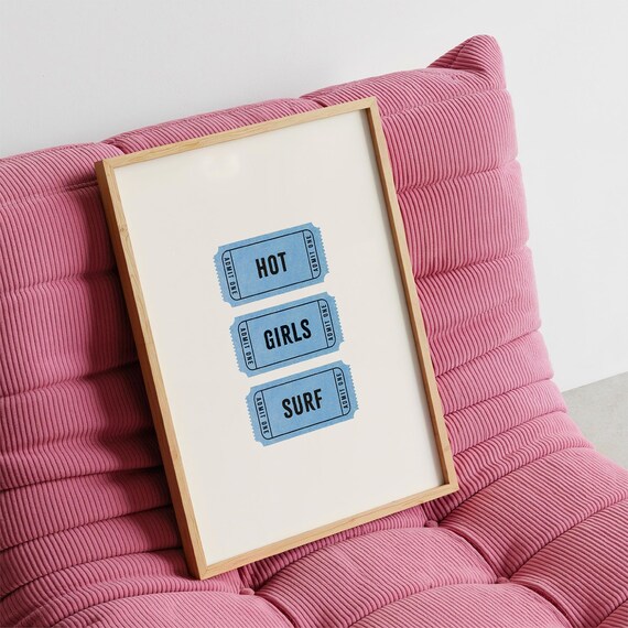 Hot Girls Surf Blue Admit One Tickets Retro Coastal Art Print