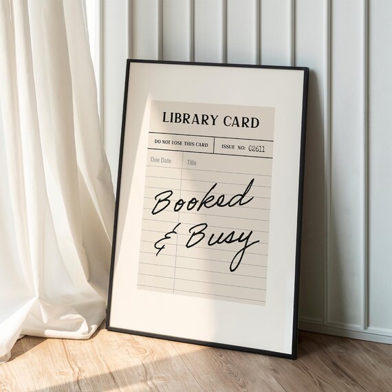 Booked and Busy Vintage Library Card Poster Book Lover Reading Decor