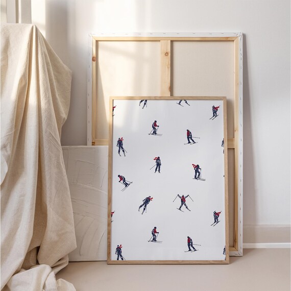 Retro Repeating Pattern of Alpine Skiers in Red and Navy Print