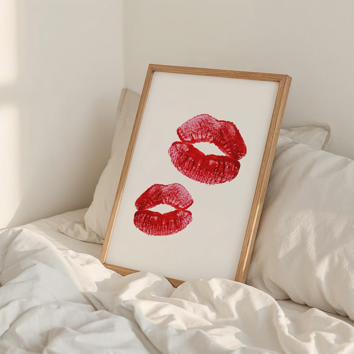 Two Red Lipstick Kiss Marks Minimalist Valentines Day Love Poster