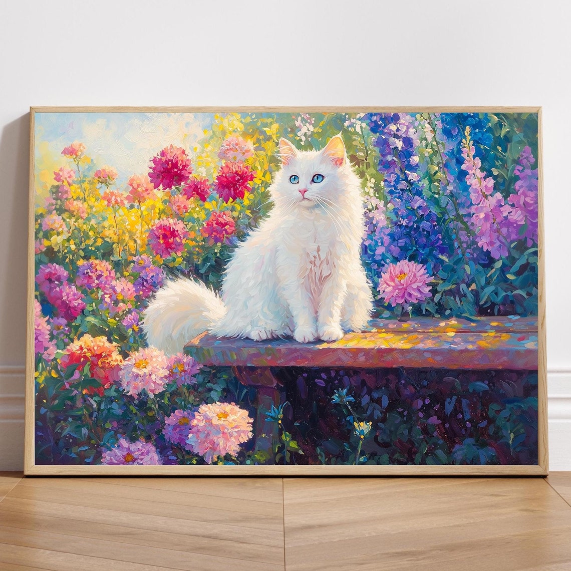 Fluffy White Cat In A Flower Garden Oil Painting Of Cat And Flowers Garden Oil Painting Print Colorful Floral Art Print White Cat Artwork