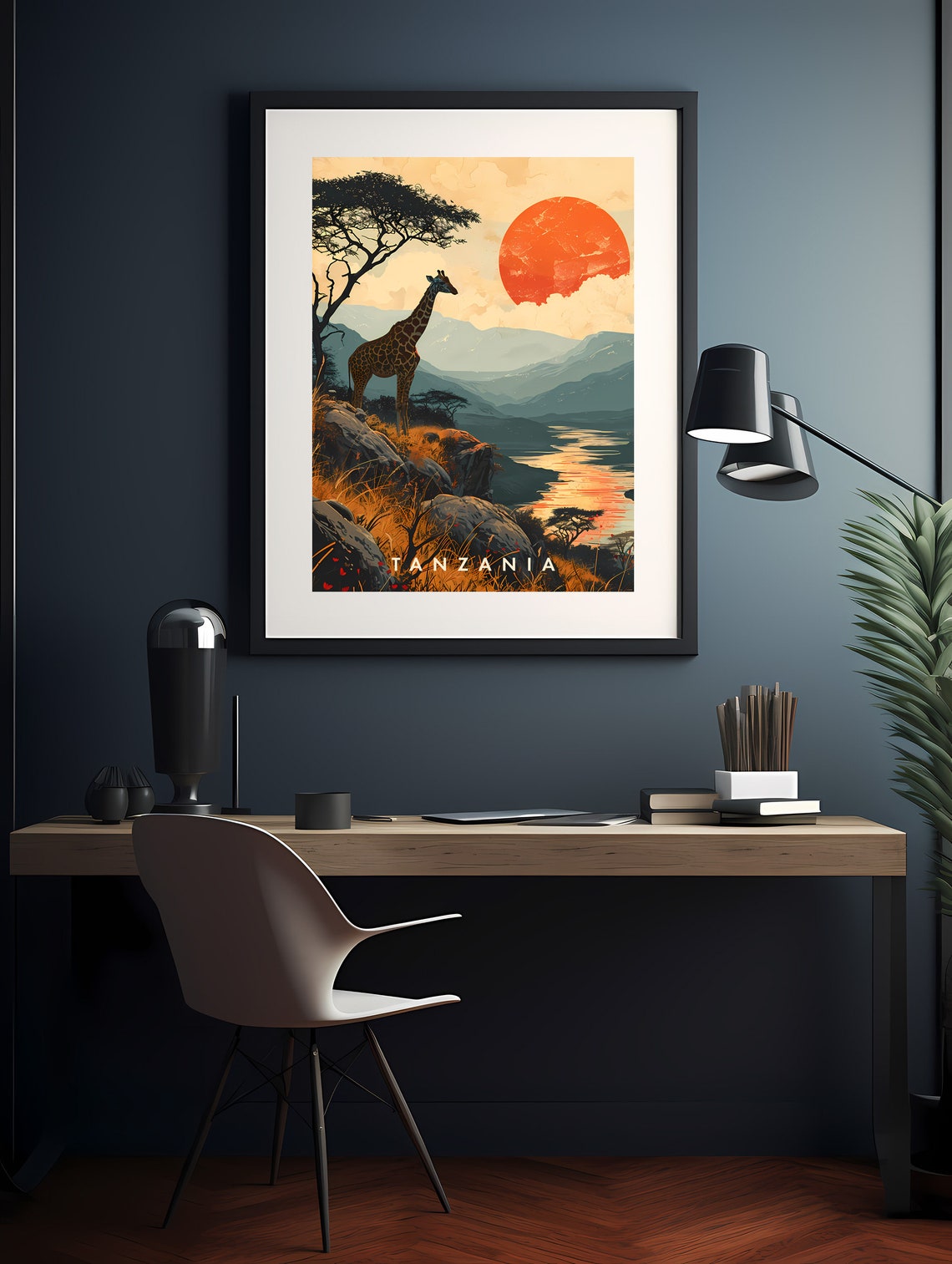 Tanzania Safari Giraffe Sunset Savanna Landscape Retro Travel Poster - Image 2