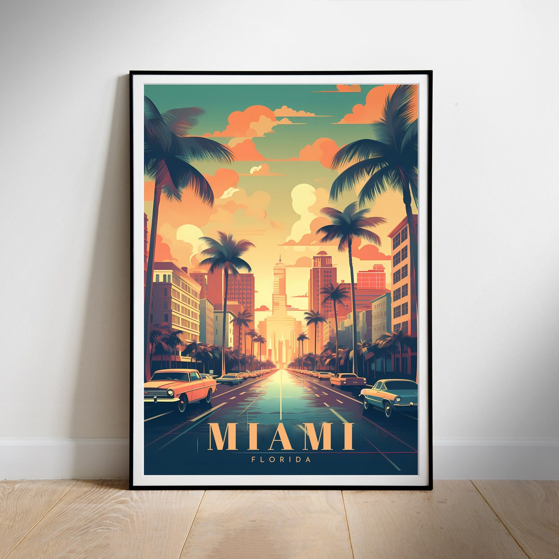 Miami Classic Boulevard Palm Trees Vintage Golden Travel Poster