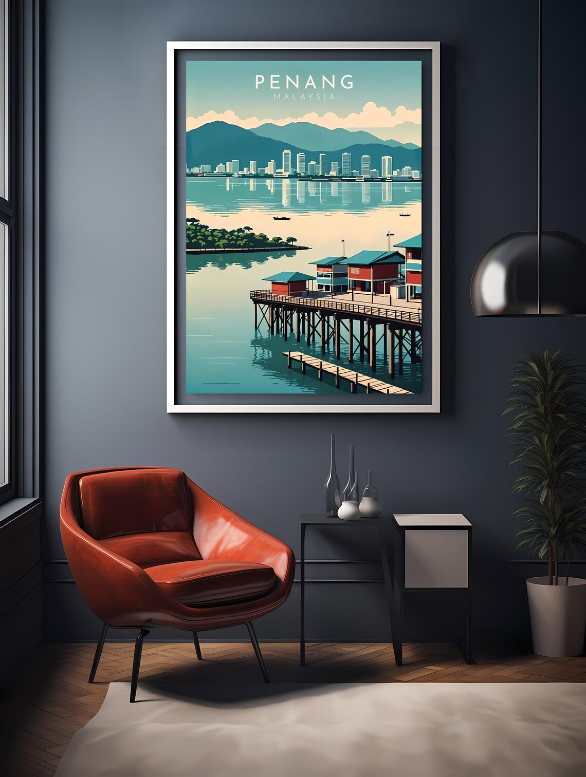 Penang Malaysia Stilt Houses Harbor Retro City Skyline Poster - Image 2