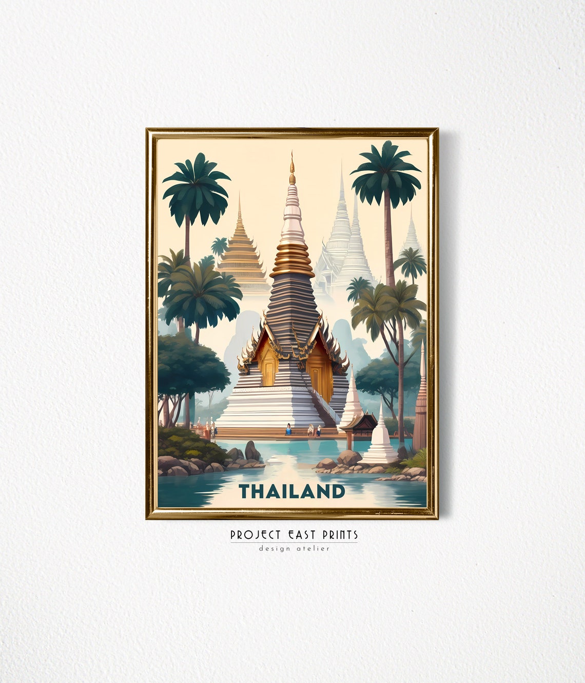 Thailand Temple Stupa Retro Travel Poster With Palm Trees And Lake