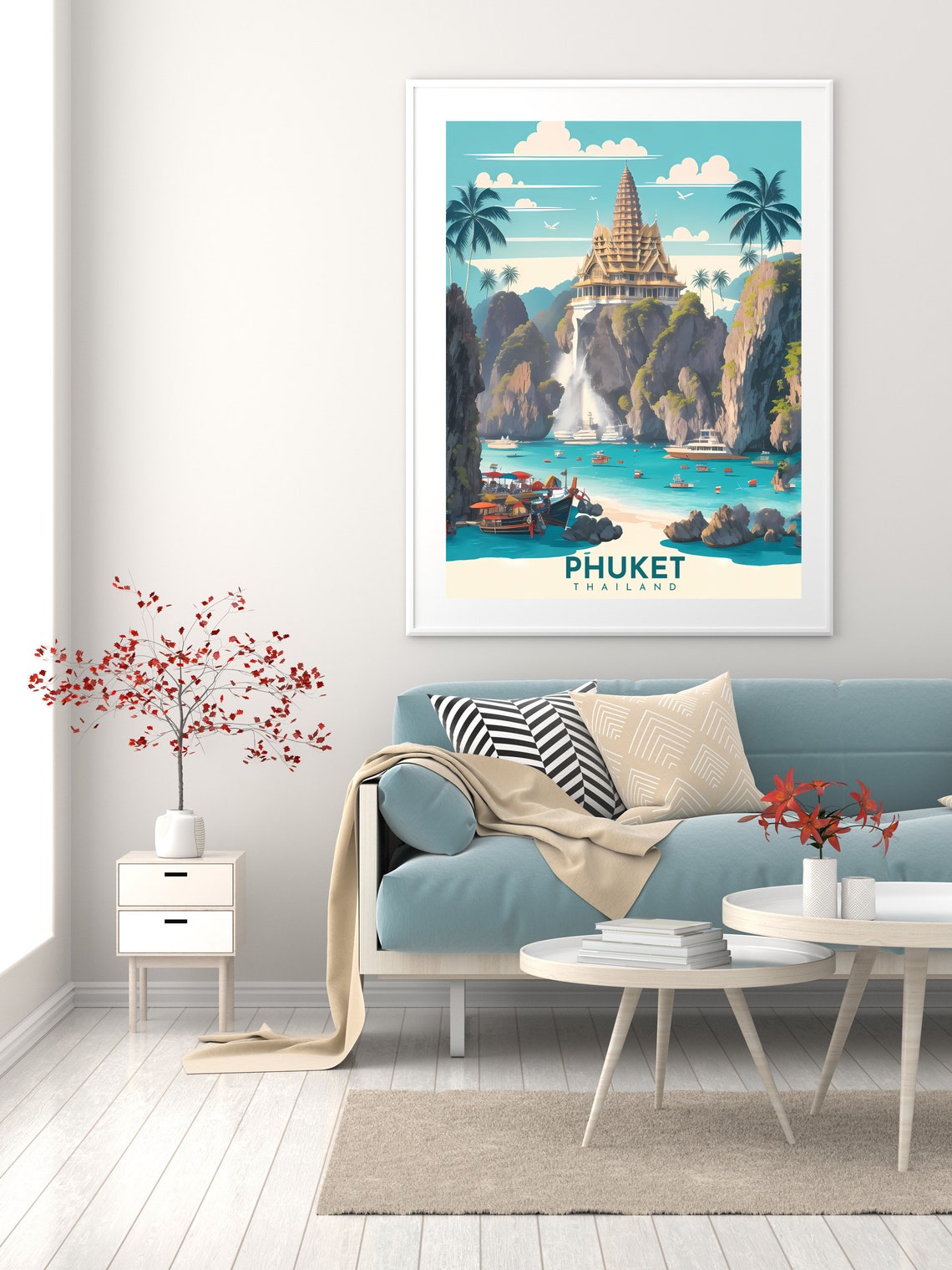 Phuket Thailand Temple Cliffs Beach Retro Tropical Travel Art Poster - Image 2