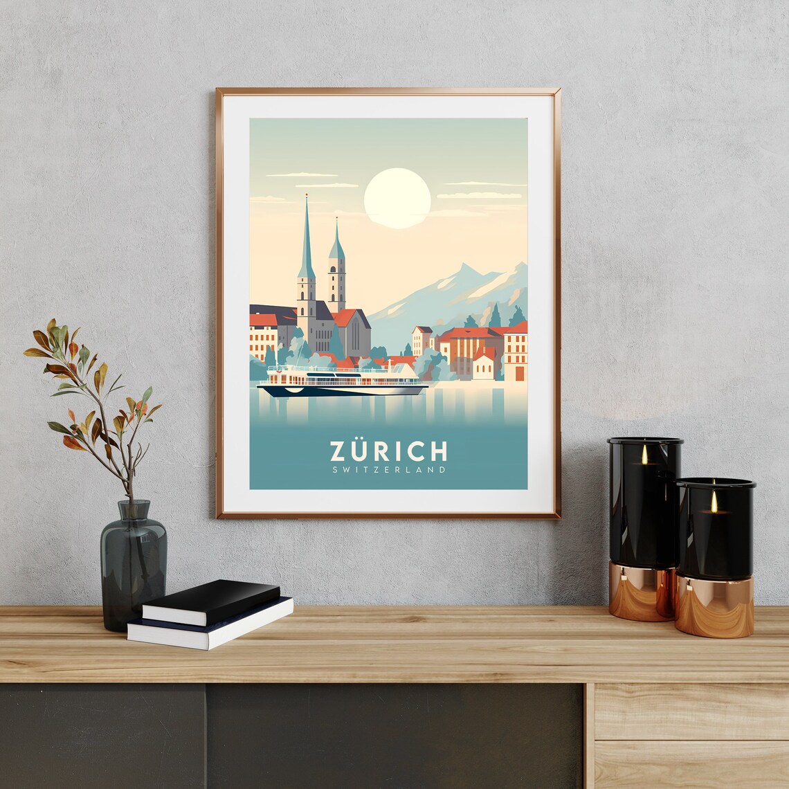 Zurich Lakefront Sunrise Minimalist Vintage City Travel Poster - Image 2