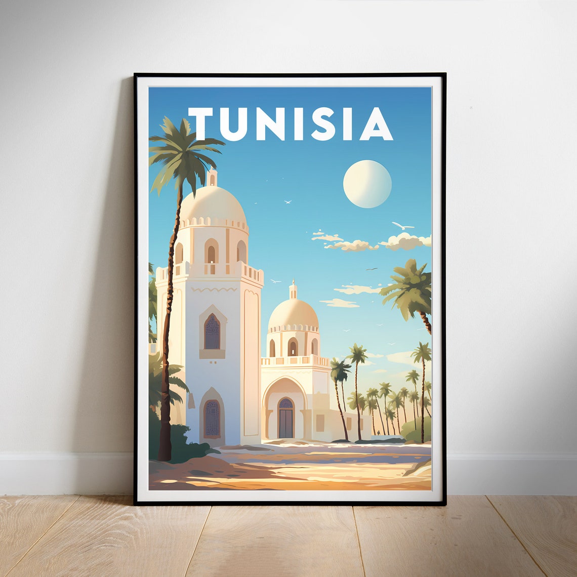 Tunisia White Dome Mausoleum Oasis Palms Retro Travel Poster