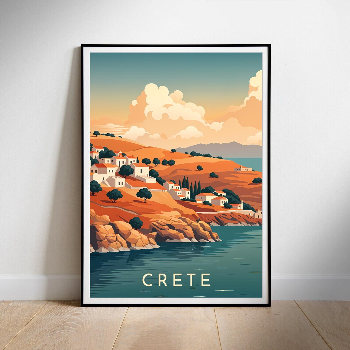 Crete Hillside Village Coast Retro Greece Island Travel Poster