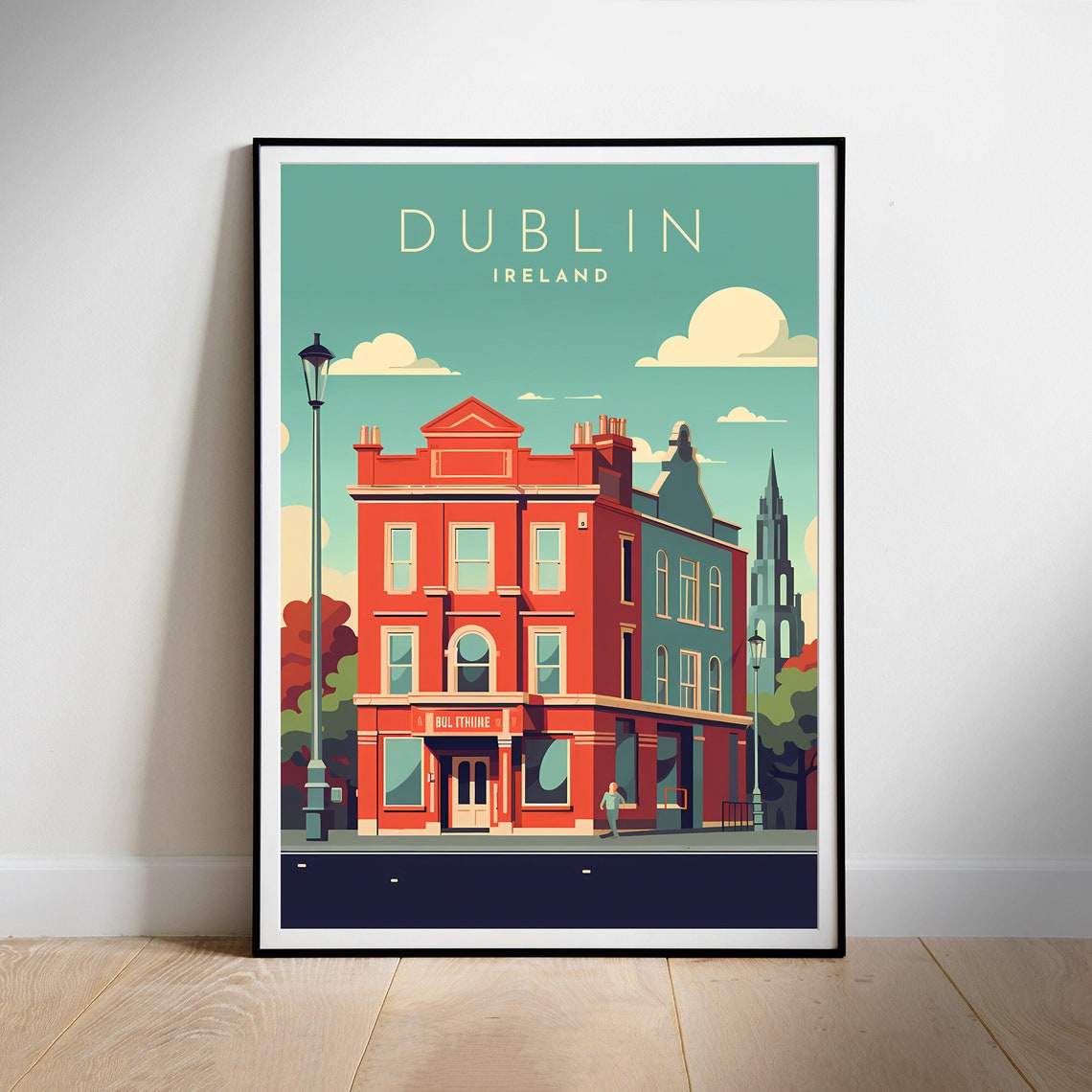 Dublin Ireland Red Brick Pub Corner Retro City Travel Poster