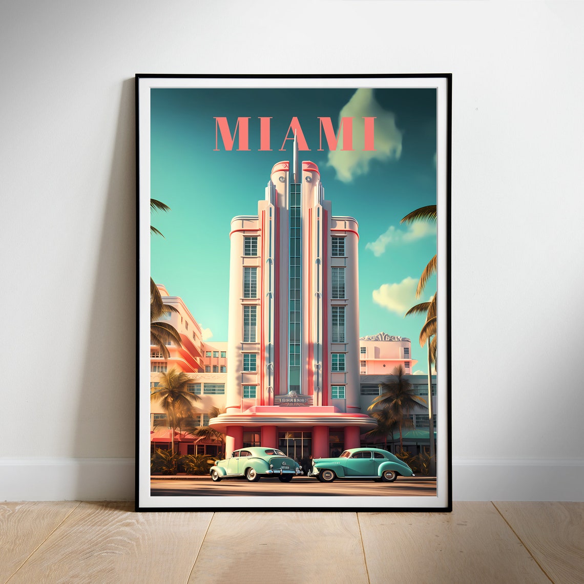 Miami Pastel Art Deco Hotel Classic Cars Boulevard Travel Poster