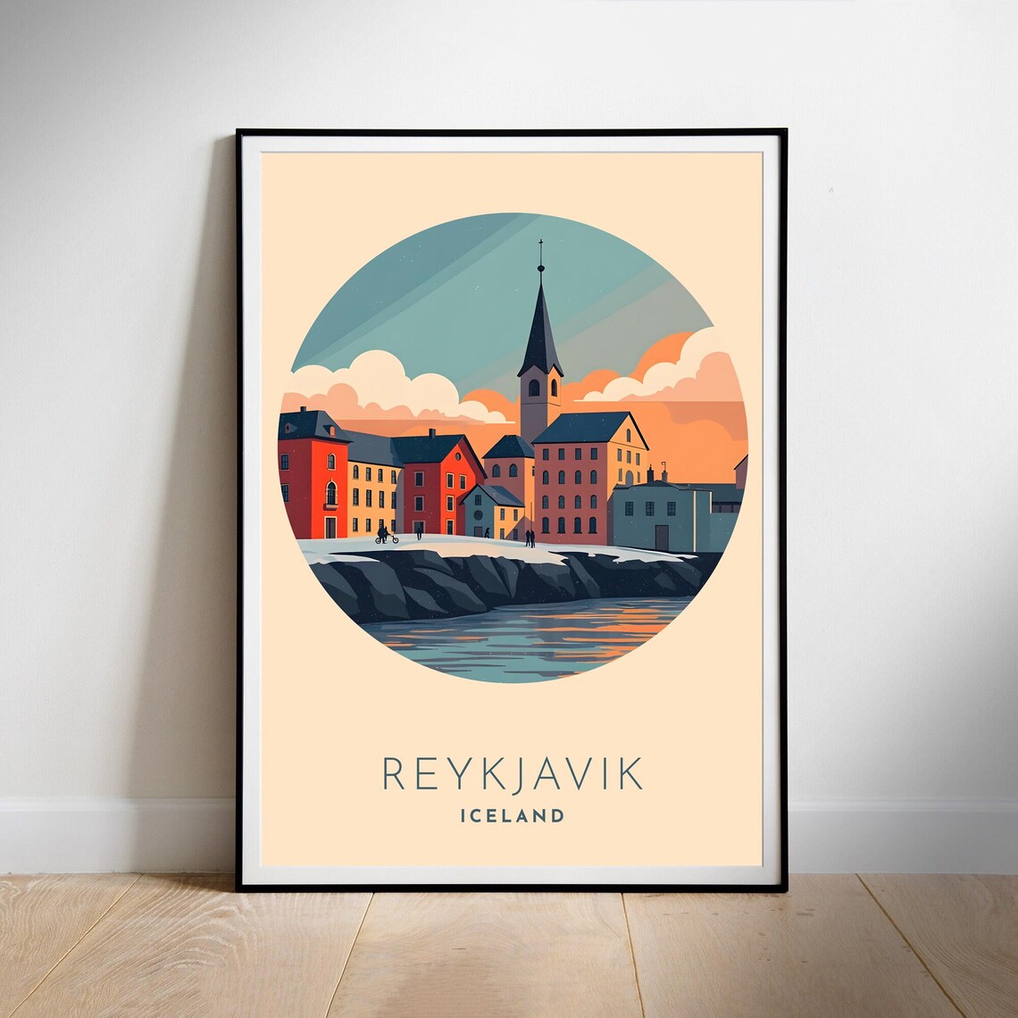 Reykjavik Iceland Retro Roundel Harbor Town Minimalist Art Poster