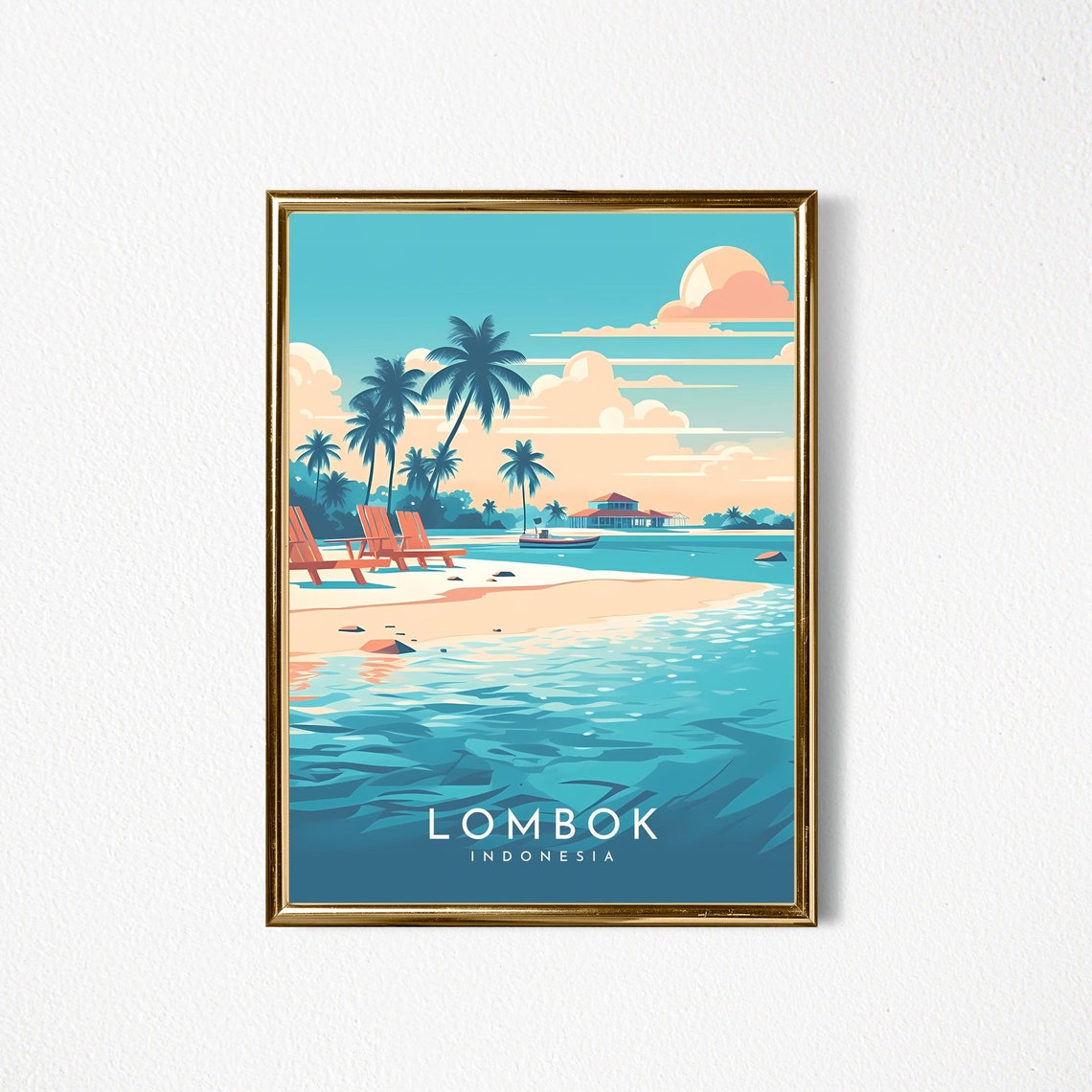 Lombok Indonesia Tropical Beach Palm Trees Retro Travel Poster - Image 2