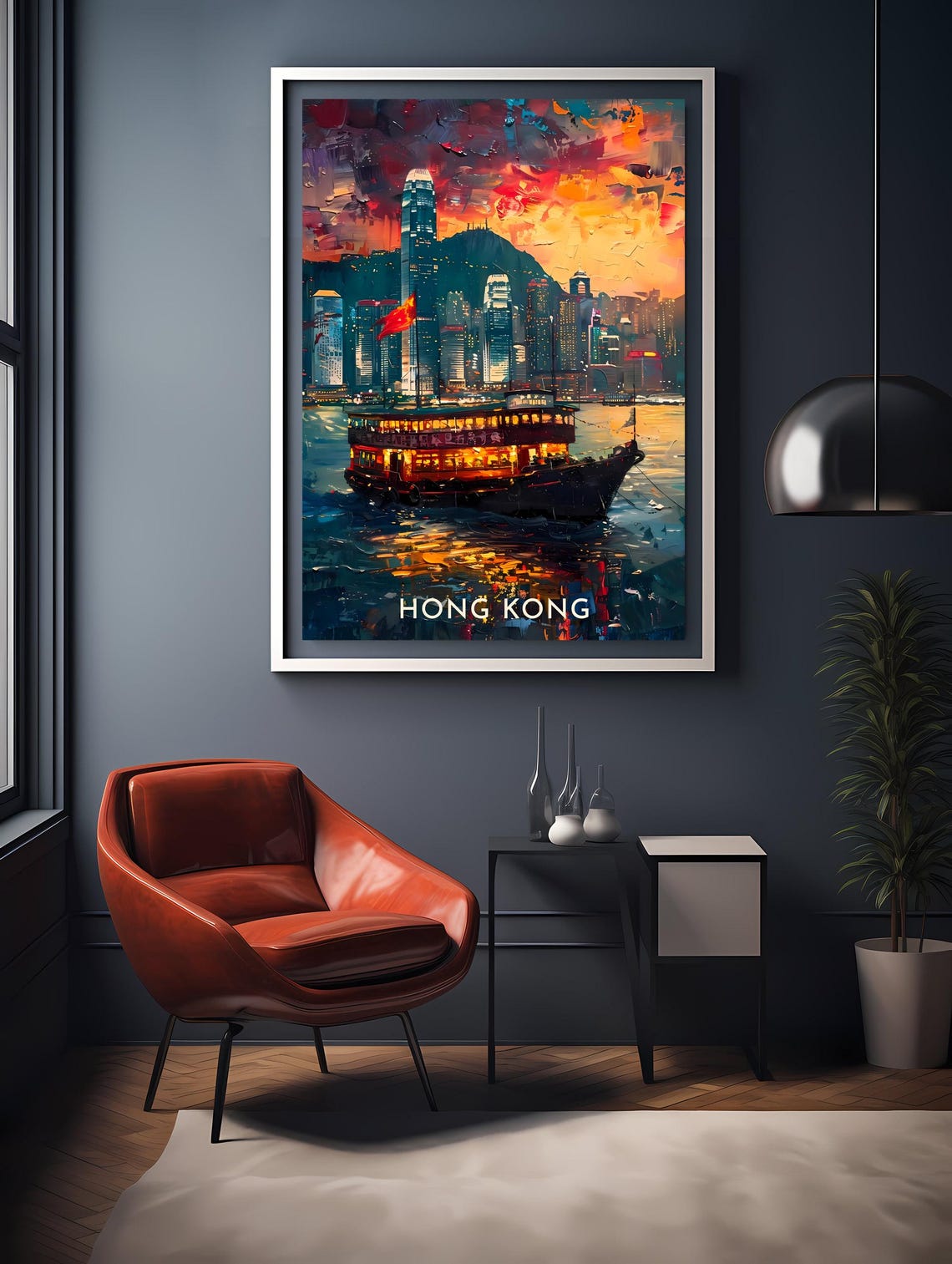 Hong Kong Star Ferry Night Harbor Painterly Skyline City Art Poster - Image 2