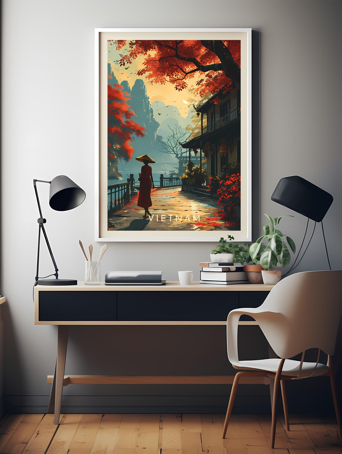 Vietnam Ha Long Bay Lantern Street Conical Hat Retro Travel Poster - Image 2