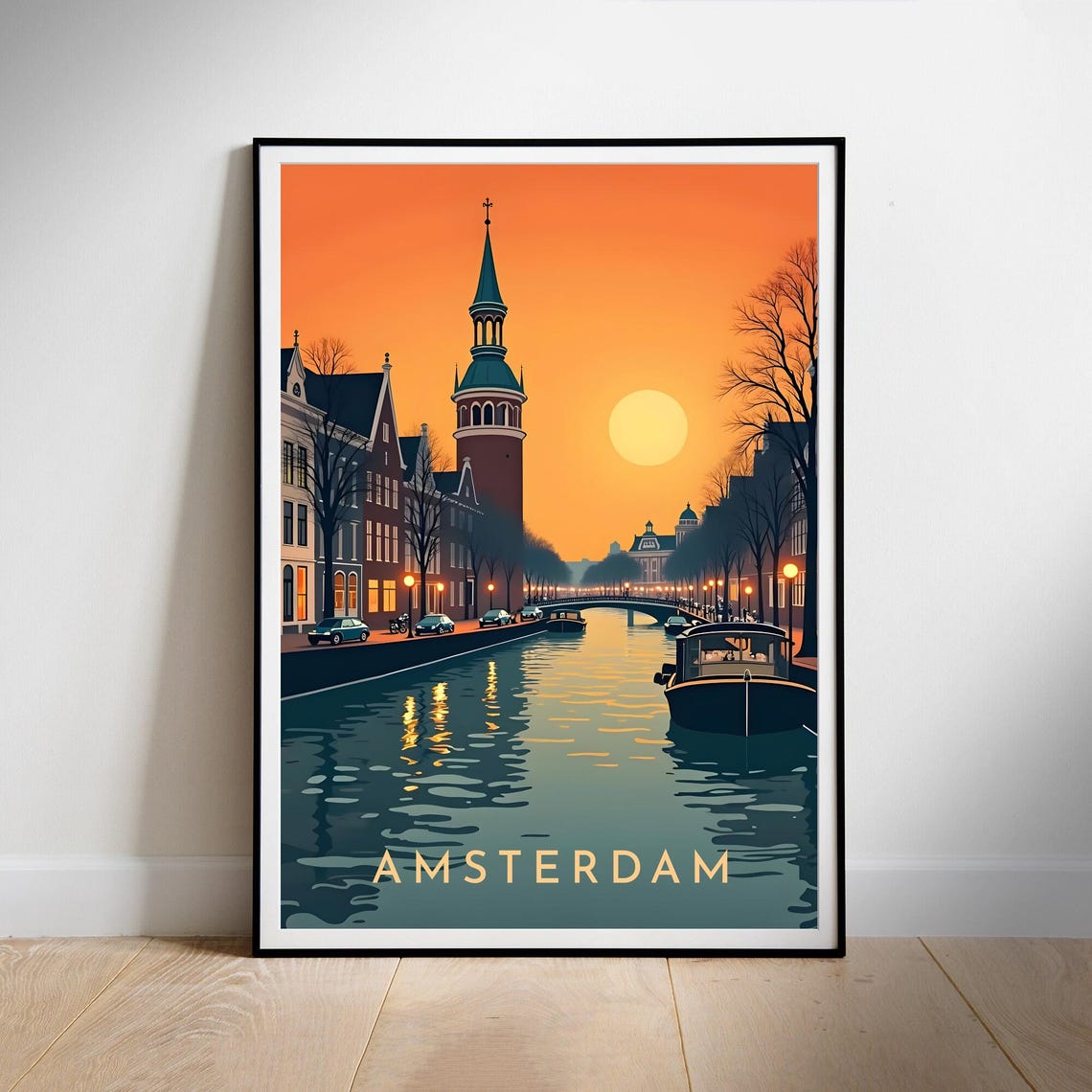 Retro Amsterdam Canal Sunset Scene Netherlands Travel Poster - Image 3