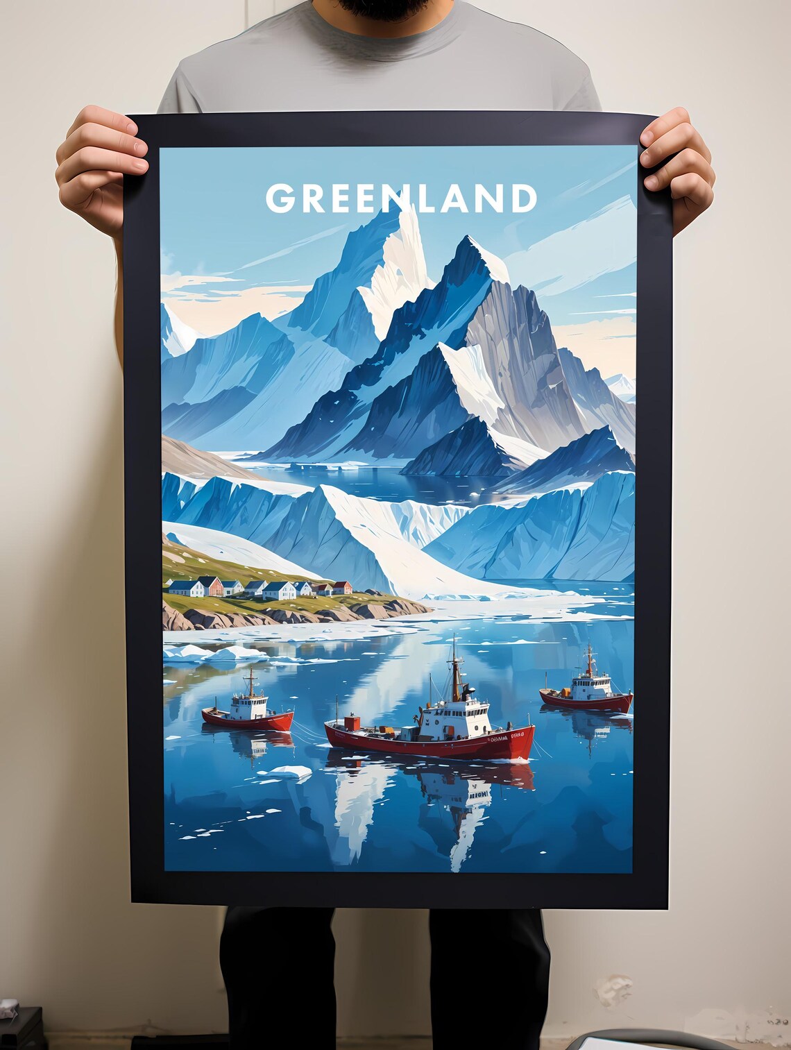 Glacier Greenland Arctic Fjord Icebergs Red Boats Travel Poster