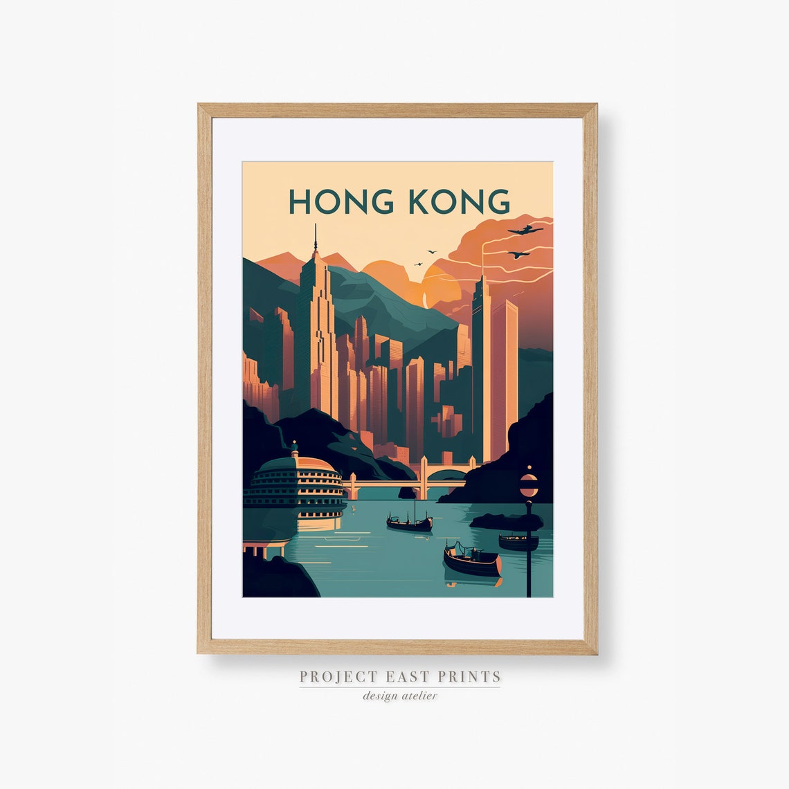 Hong Kong Retro Travel Poster With Harbor Skyline And Mountain Peaks - Image 2