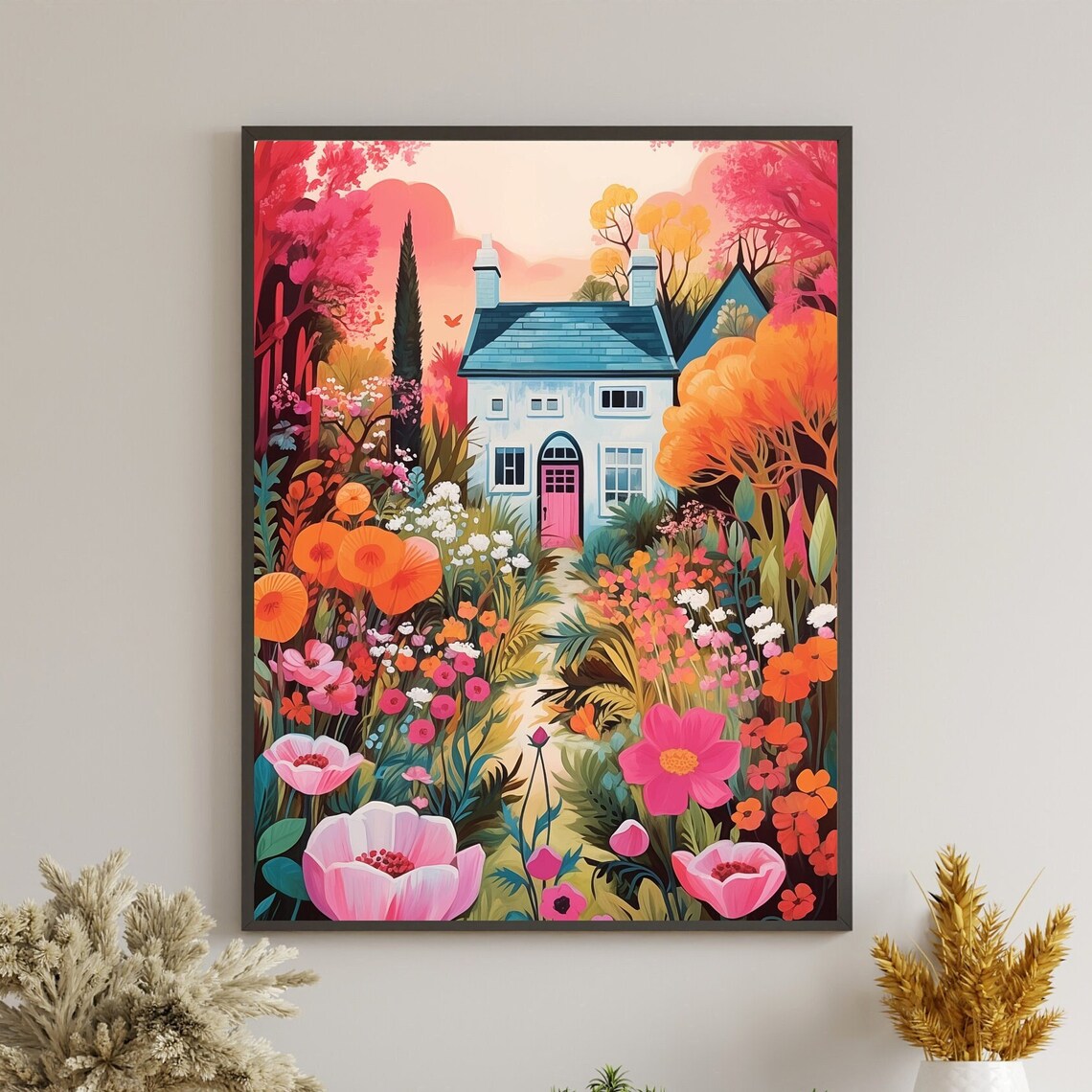 Cottage With a Pink Door Hidden in Blooming Flower Garden Art Poster