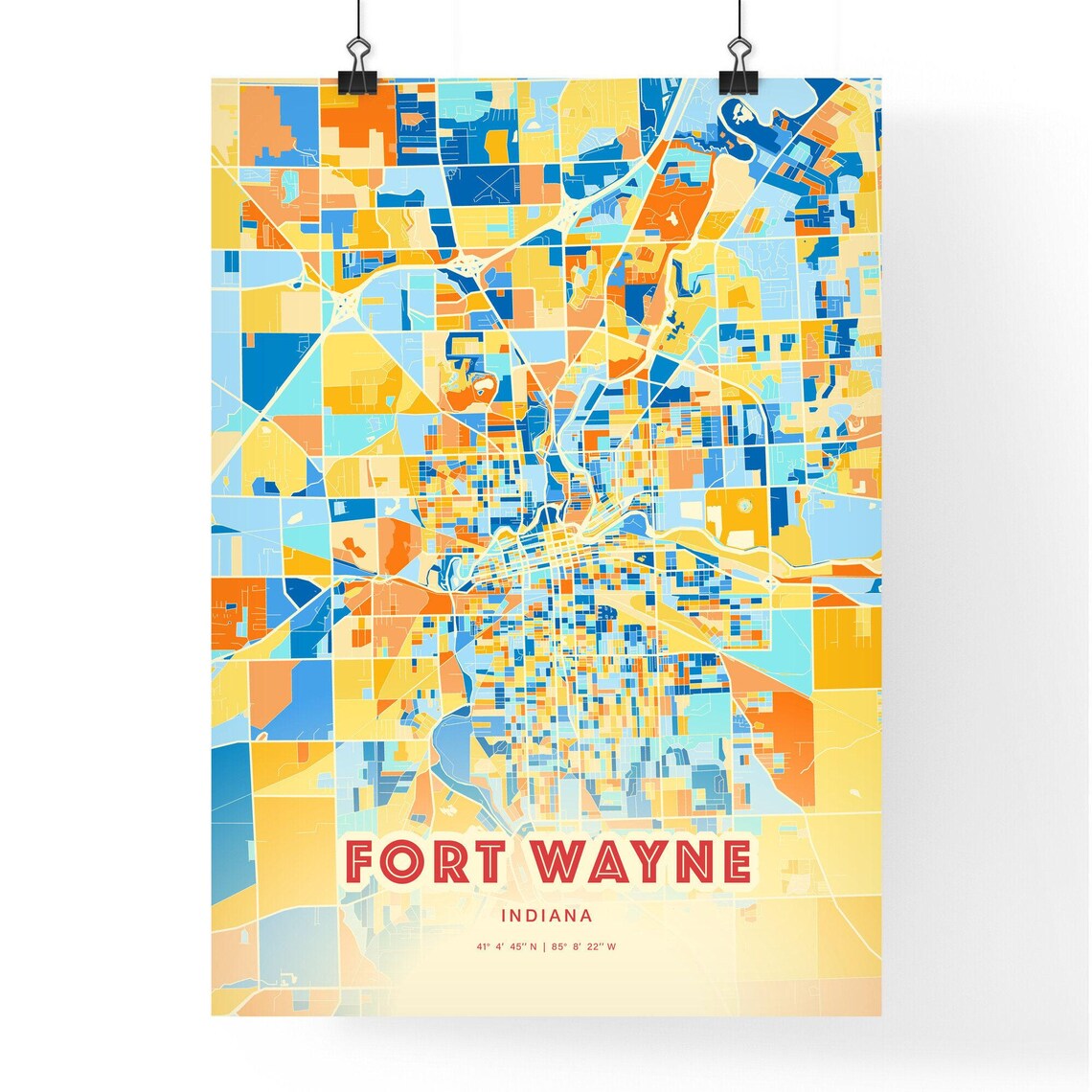 Fort Wayne Indiana Colorful City Street Map Coordinates Poster - Image 3