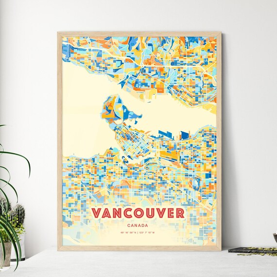 Vancouver Canada Colorful City Map Blue Orange Blocks Art Poster