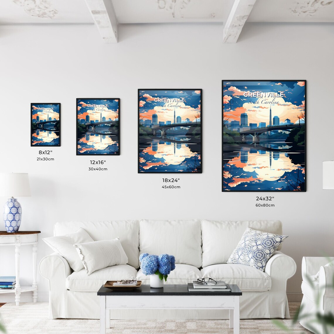 Greenville South Carolina Sunset Skyline Bridge Reflection Poster - Image 3