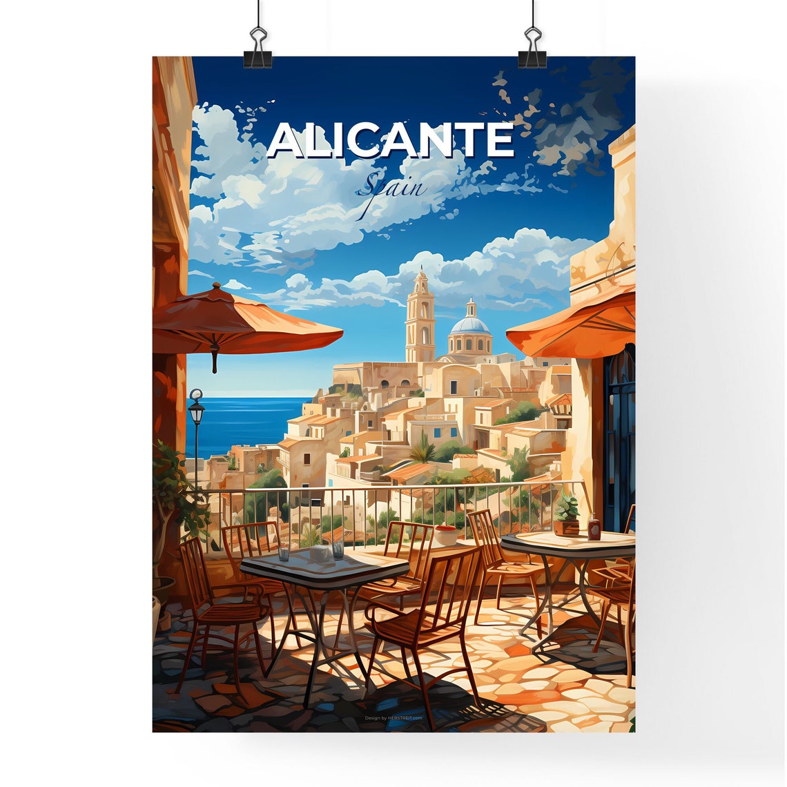 Alicante Spain Sunny Cafe Terrace Over Old Town Sea View Poster - Image 4