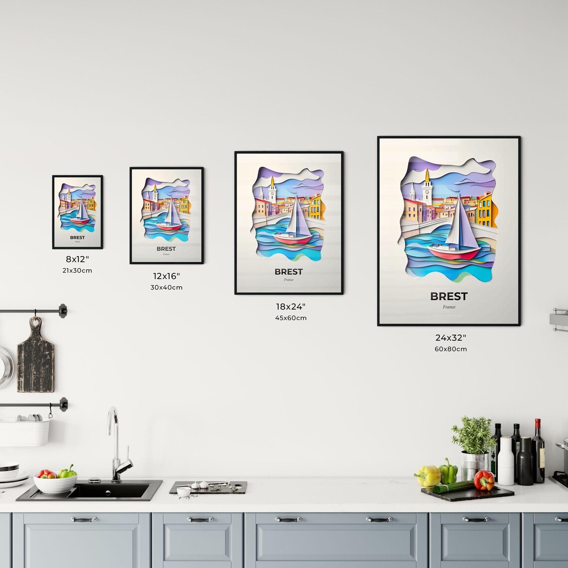 Brest France Colorful Harbor 3D Paper Cut Sailboat Town Art Poster - Image 3