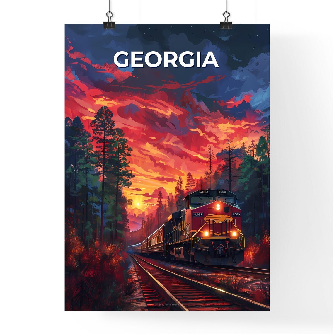 Georgia Red Freight Train Forest Sunset Dramatic Sky Travel Poster - Image 4