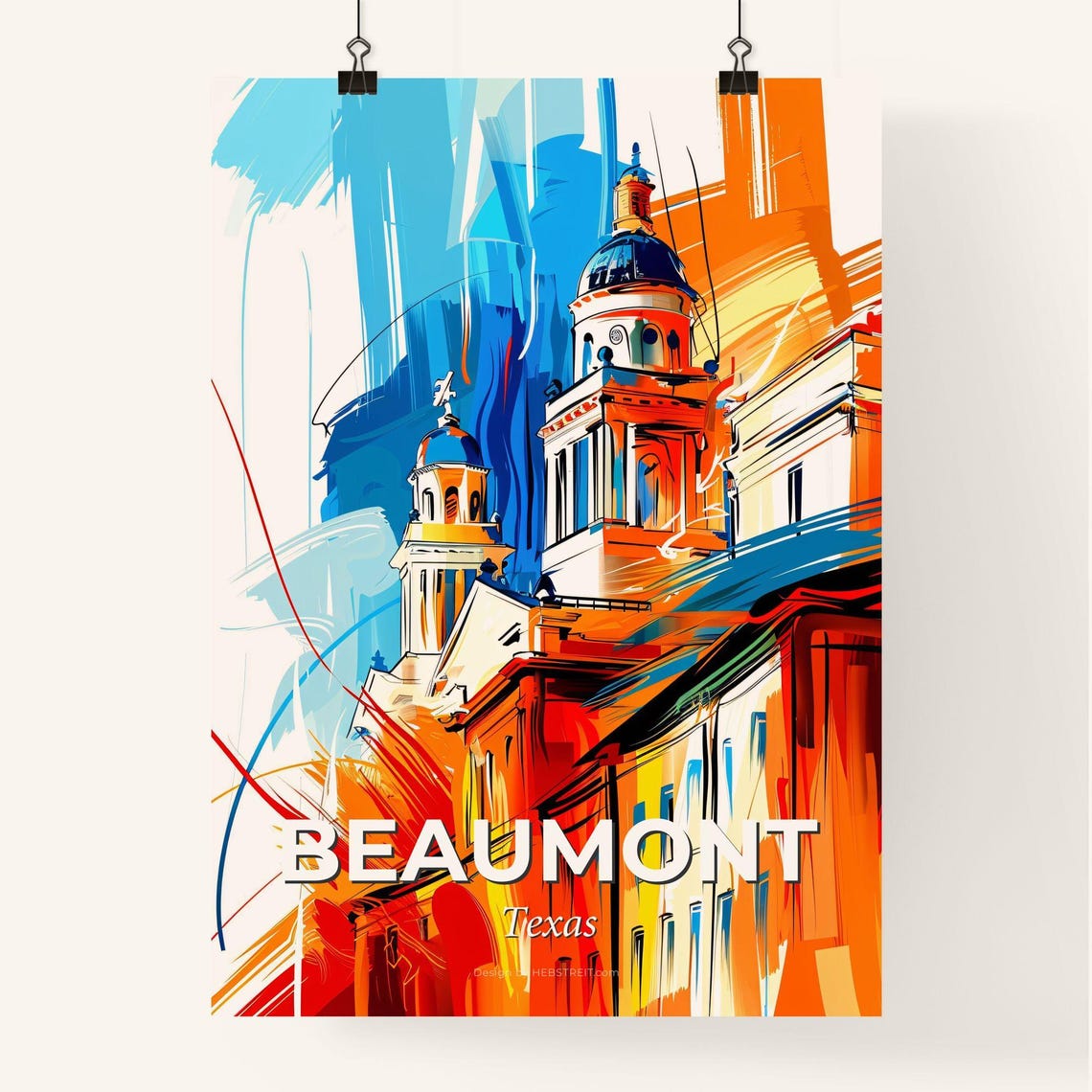 Beaumont Texas Vibrant Watercolor Downtown Skyline Art Poster - Image 4