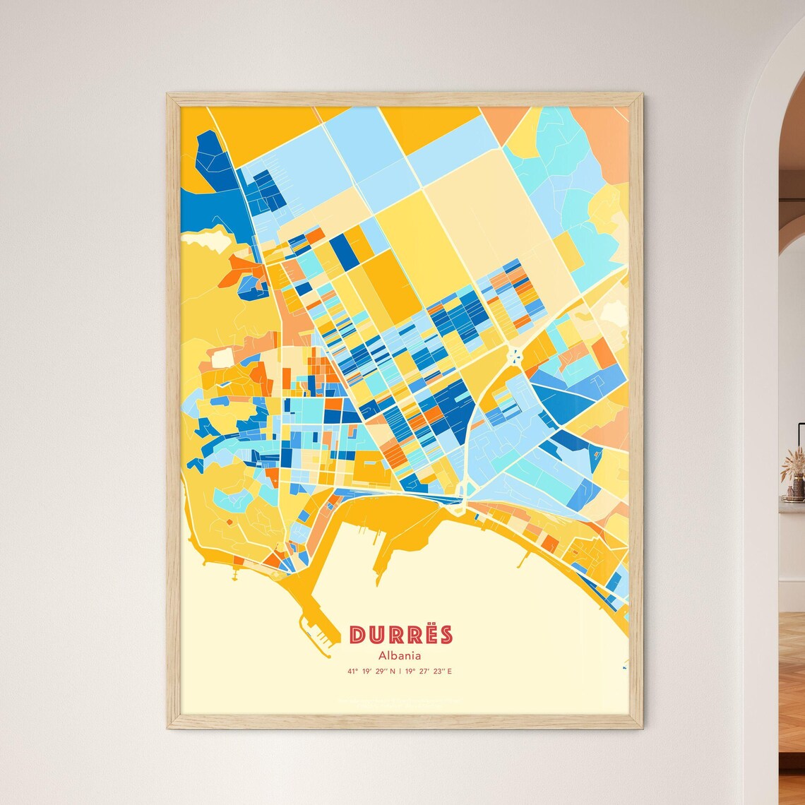 Durres Albania Colorful Coastal City Map Poster Blue Orange Wall Decor