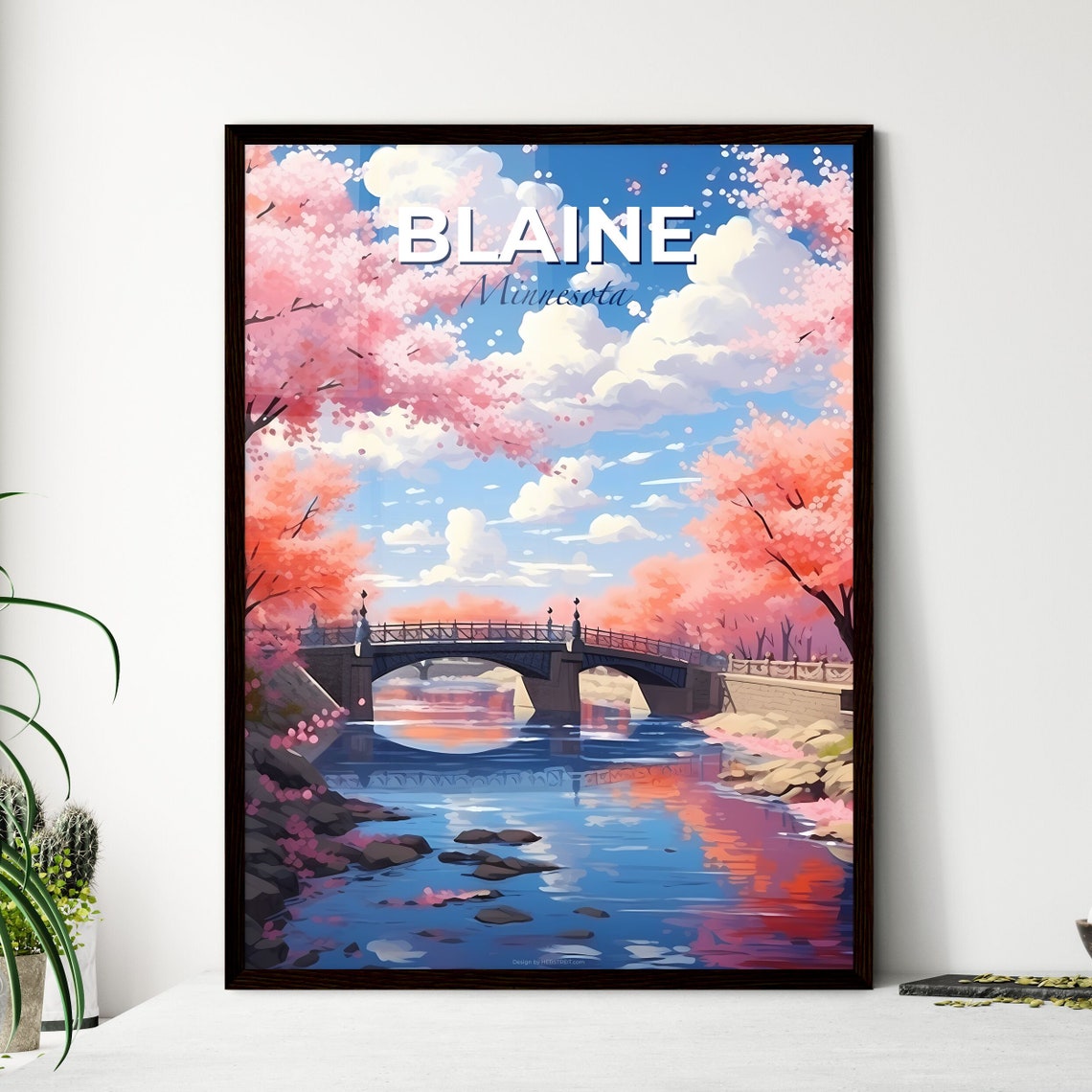 Blaine Minnesota Cherry Blossom River Bridge Travel Poster Art