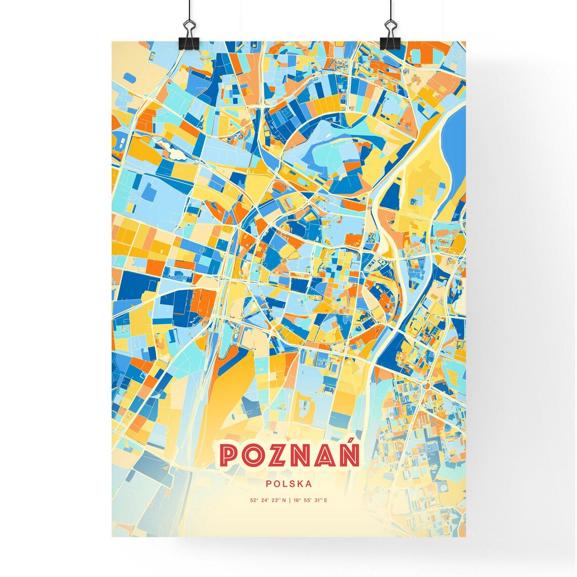 Poznan Poland Colorful City Map Blue Orange Blocks Art Poster - Image 3