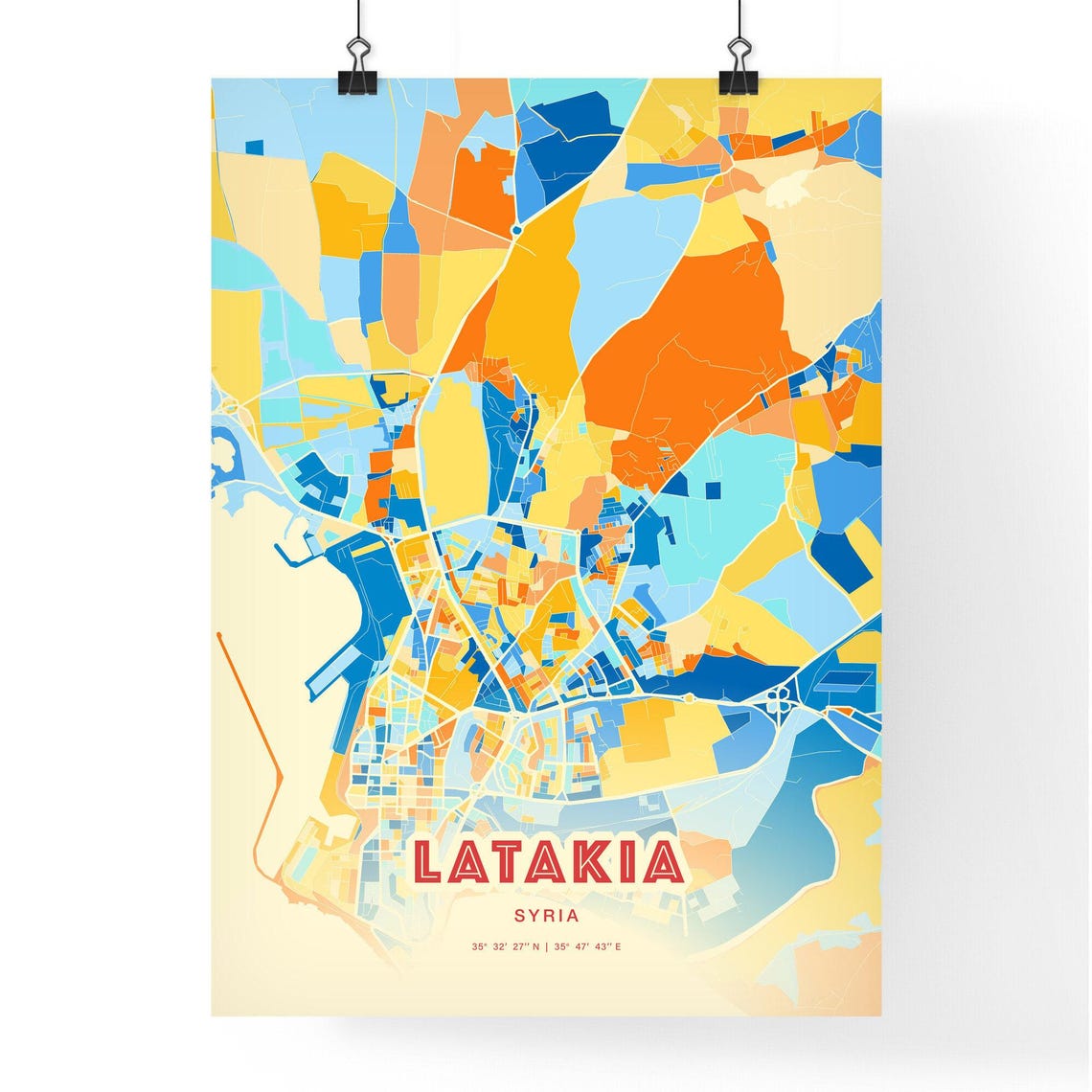 Latakia Syria Elegant Pastel Blue and Orange Fine Art Map Print - Image 3