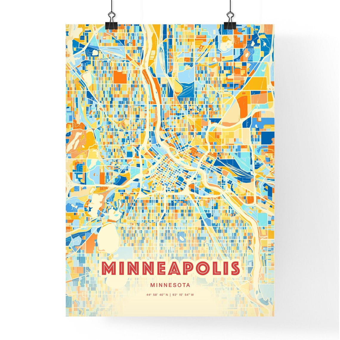 Minneapolis Minnesota Vibrant Blue and Orange City Map Art Poster - Image 3
