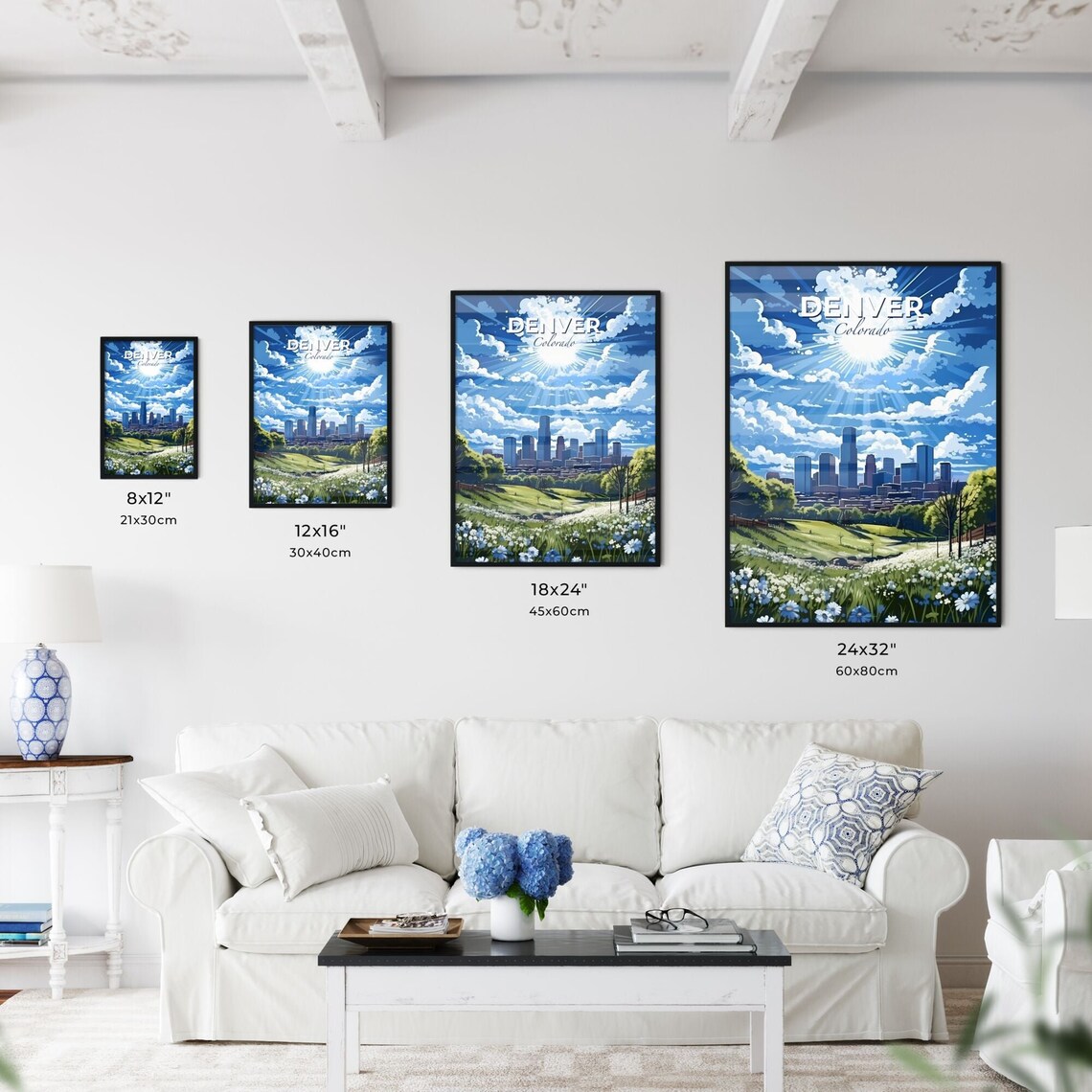 Denver Colorado Skyline Sunny Clouds Wildflower Meadow Cityscape Poster - Image 3