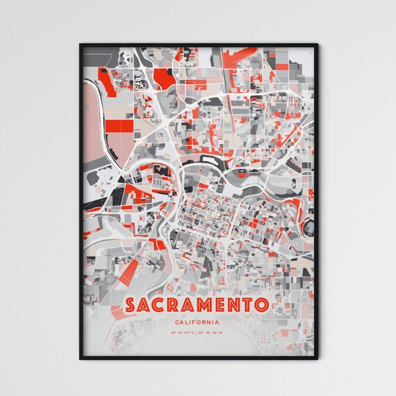 Sacramento California Modern Red Gray Expressive City Map Poster Customizable