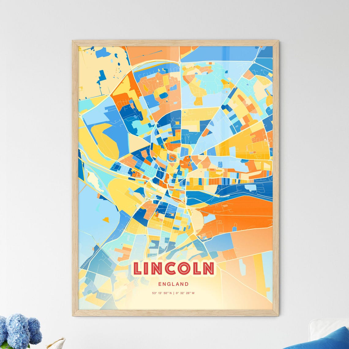 Lincoln England Colorful Blue Orange City Map Artwork Poster