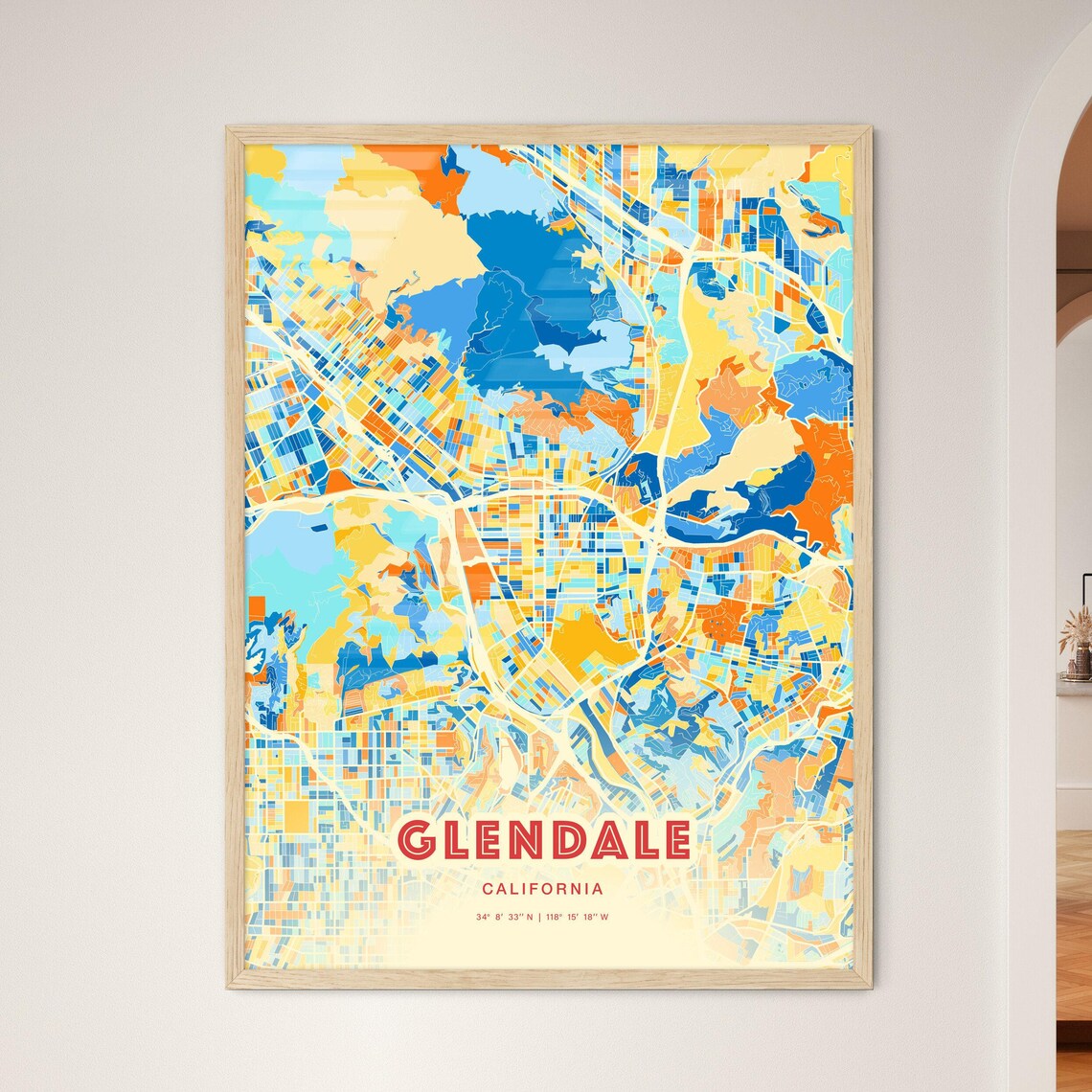 Glendale California Colorful Blue Orange City Street Map Art Poster