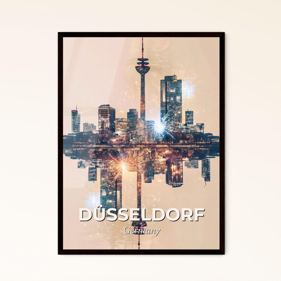 Dusseldorf Germany TV Tower Mirrored Sparkle City Skyline Poster
