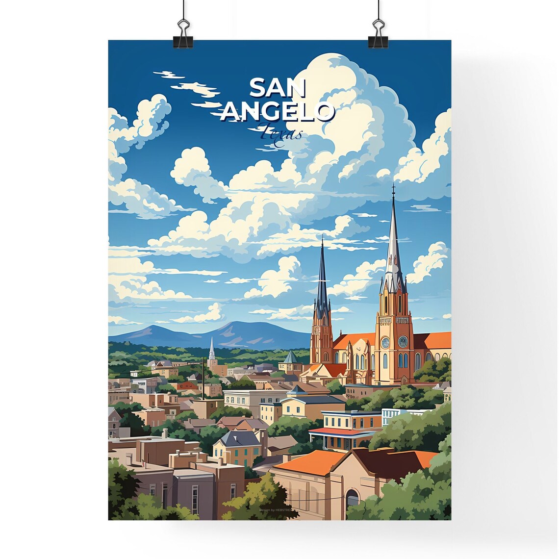 San Angelo Texas Church Spires Blue Sky Town View Travel Poster - Image 4