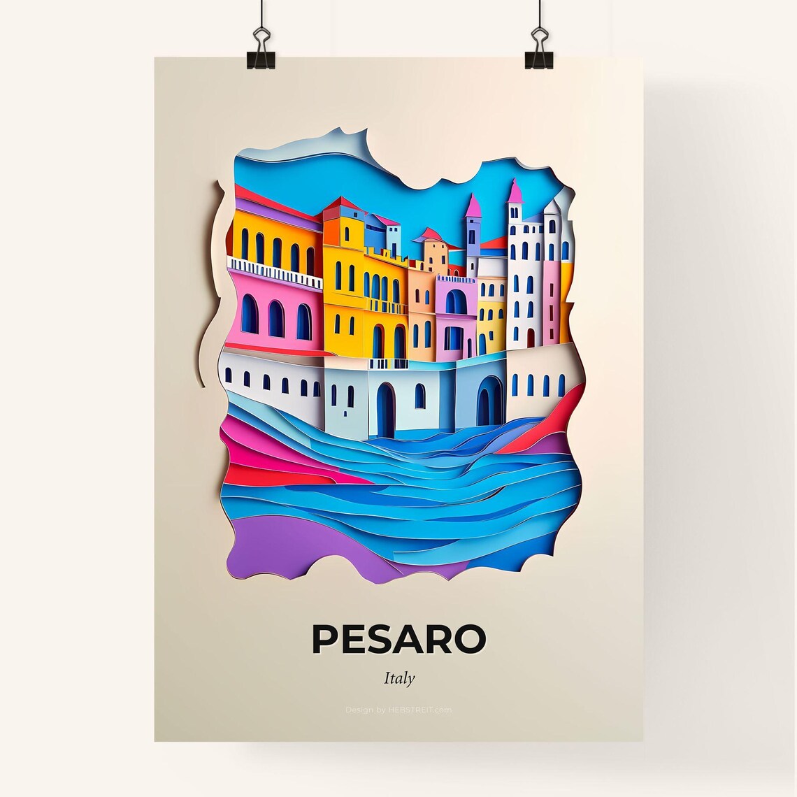 Pesaro Italy Colorful Waterfront 3D Paper Cut Coastal Town Art Poster - Image 4
