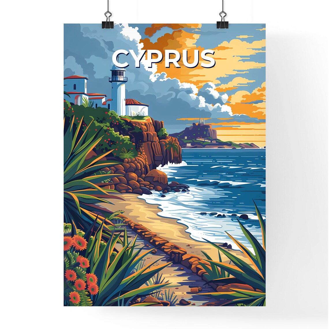 Cyprus Lighthouse Rocky Cliff Beach Sunset Vintage Travel Poster Art - Image 4