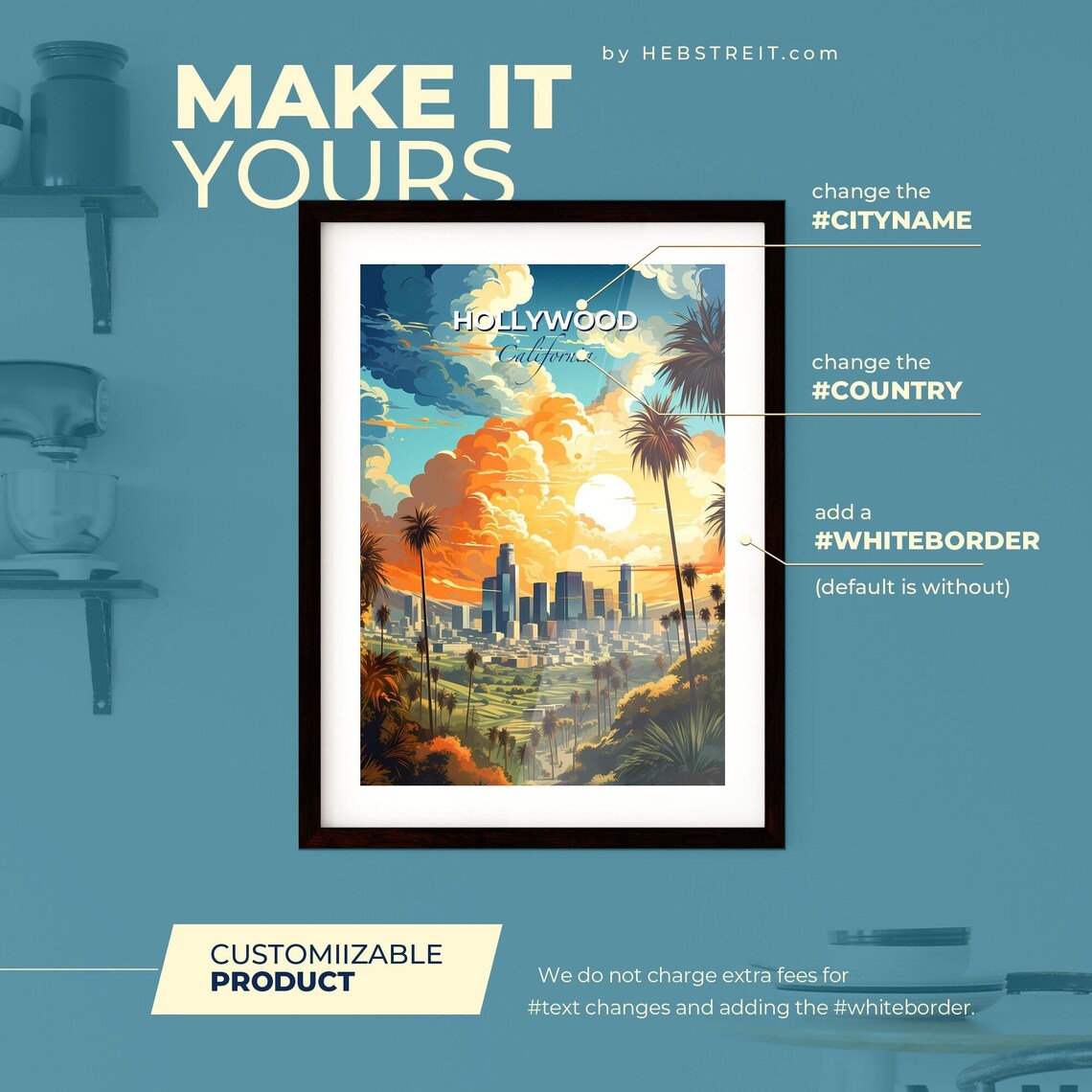 Hollywood California Sunset Skyline Palm Trees Vintage Travel Poster - Image 2