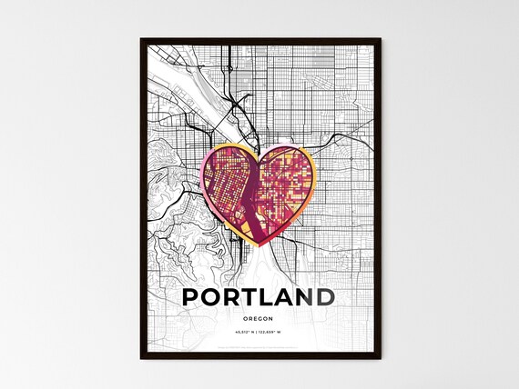 Portland Oregon Minimal City Map Colorful Heart Icon Art Poster