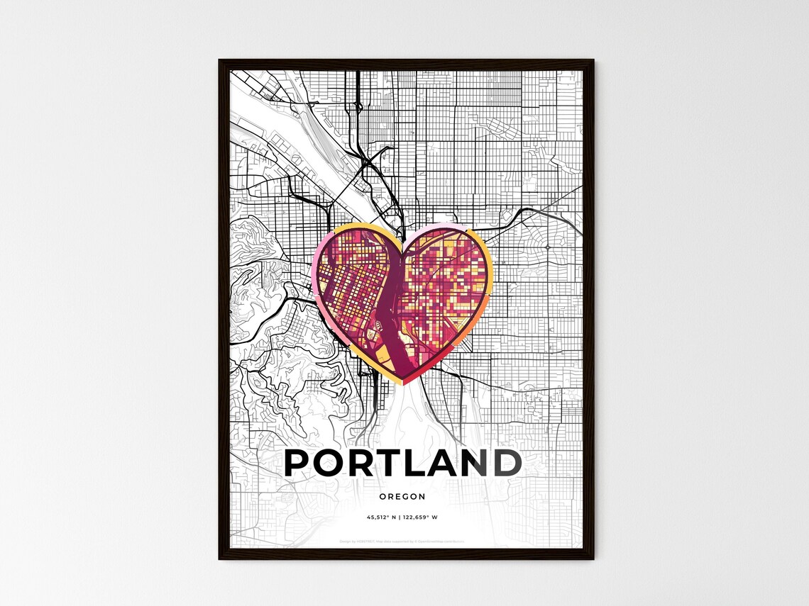Portland Oregon Minimal City Map Colorful Heart Icon Art Poster